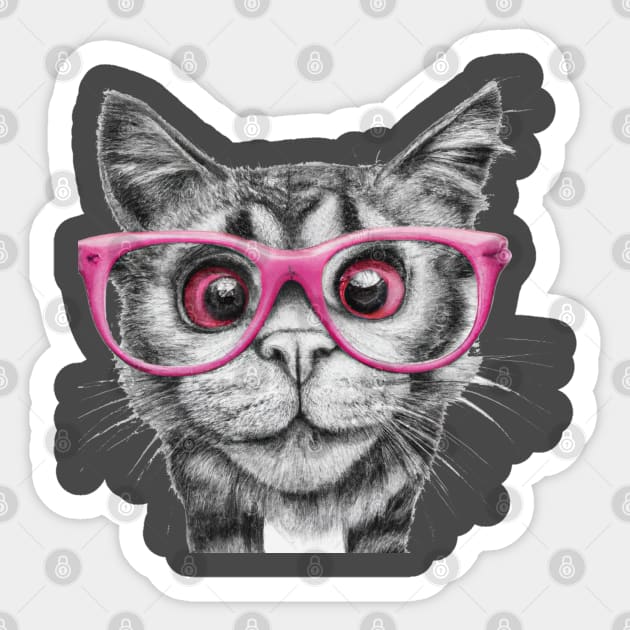 pencil black and white drawing of curious cat wearing light pink colored glasses art Sticker by Hunter_c4 "Click here to uncover more designs"